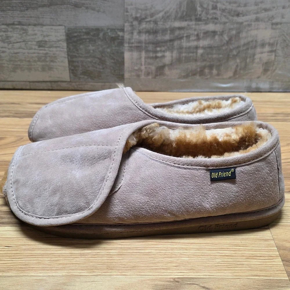 Old Friend Adjustable Step In Slippers Men's Size 12-13 M Light Brown Sheeepskin